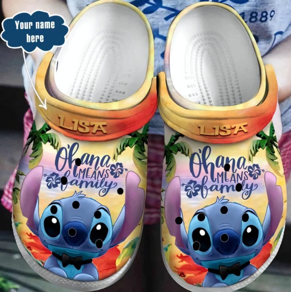 Custom Name Ohana Mean Family Stitch Colorful Beach Clogs For Kids And Adults Custom Name Ohana Mean Family Stitch Colorful Beach Clogs For Kids And Adults