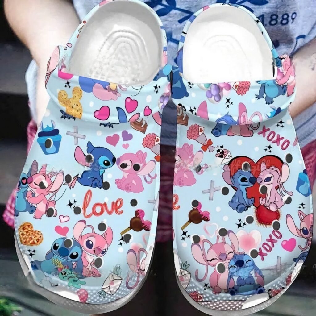 Love Couple Stitch And Angel Blue Clogs For Kids And Adults Love Couple Stitch And Angel Blue Clogs For Kids And Adults