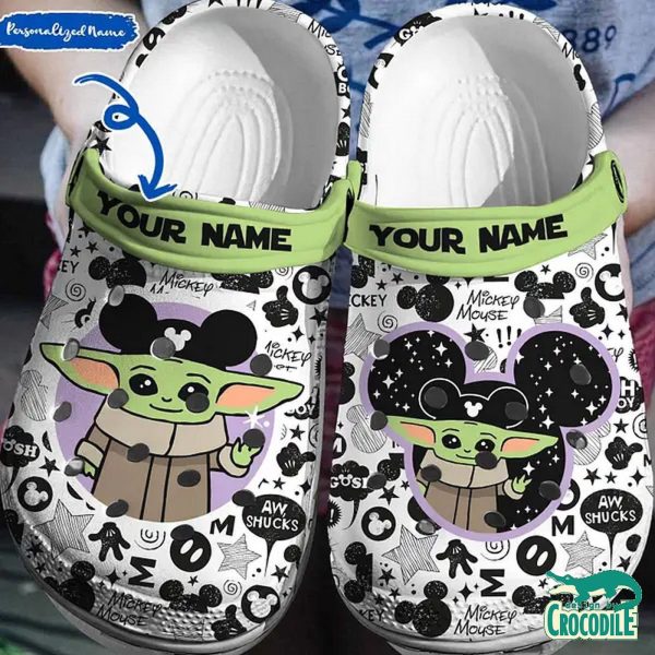 Custom Name Baby Yoda With Mickey Mouse Hat White Clogs For Men Women