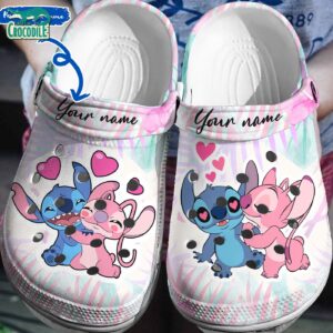 Custom Name Funny Love Stitch And Angel Tropical Leaves Clogs For Kids & Adults