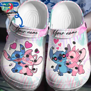 Custom Name Funny Love Stitch And Angel Tropical Leaves Clogs For Kids & Adults