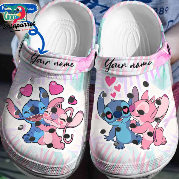 Custom Name Funny Love Stitch And Angel Tropical Leaves Clogs For Kids & Adults