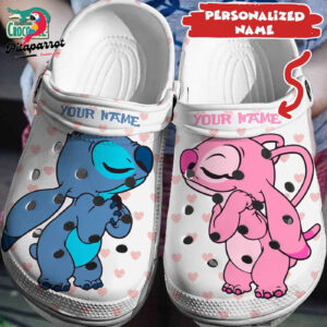 Custom Name Little Love Stitch And Angel White With Pink Hearts Clogs For Kids & Adults