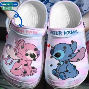 Custom Name Love Eyes Baby Stitch And Angel  Colorful Cloud Clogs For Kids & Adults