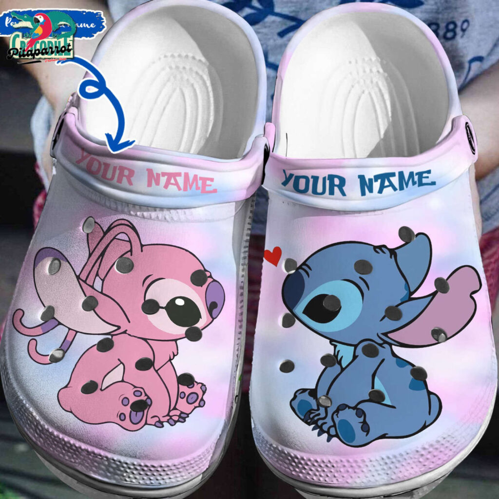 Custom Name Love Eyes Baby Stitch And Angel Colorful Cloud Clogs For Kids & Adults Custom Name Love Eyes Baby Stitch And Angel Colorful Cloud Clogs For Kids & Adults