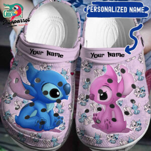 Custom Name Love Eyes Stitch And Angel  Light Purple Clogs For Kids & Adults