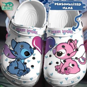 Custom Name Love Eyes Stitch And Angel White With Blue Hearts Clogs For Kids & Adults
