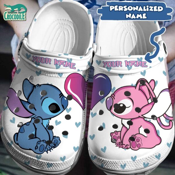 Custom Name Love Eyes Stitch And Angel White With Blue Hearts Clogs For Kids & Adults