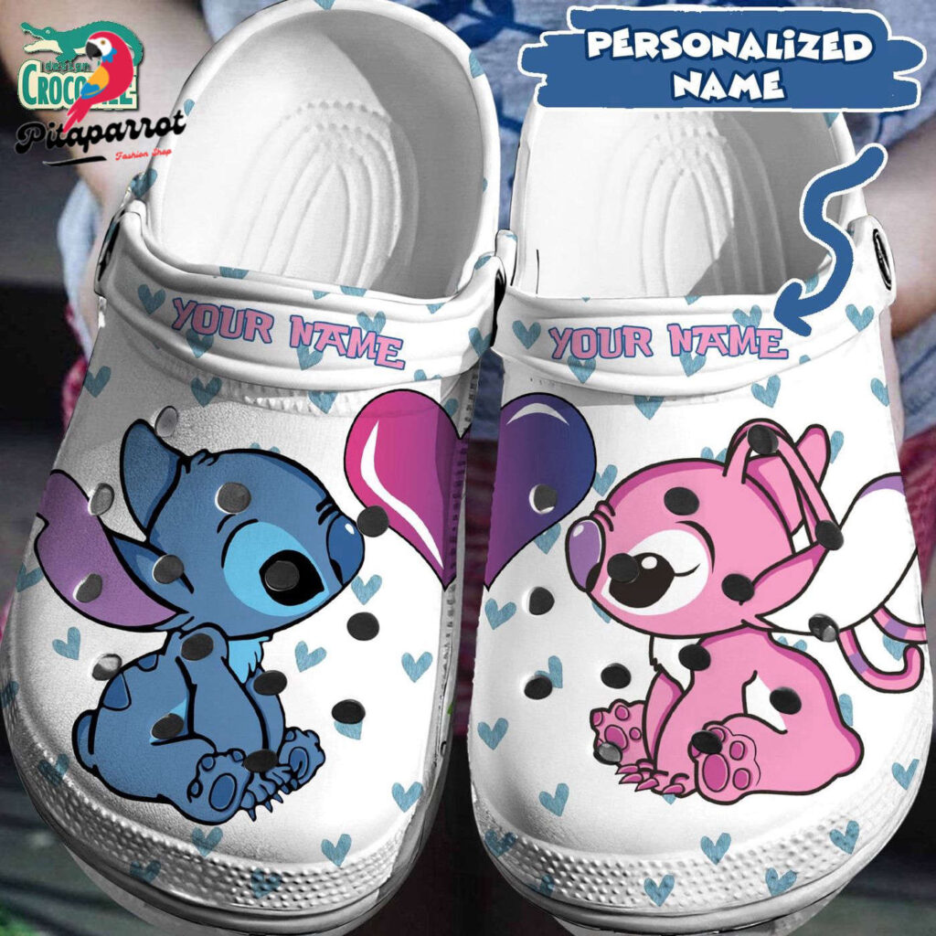 Custom Name Love Eyes Stitch And Angel White With Blue Hearts Clogs For Kids & Adults Custom Name Love Eyes Stitch And Angel White With Blue Hearts Clogs For Kids & Adults