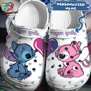 Custom Name Love Eyes Stitch And Angel White With Blue Hearts Clogs For Kids & Adults