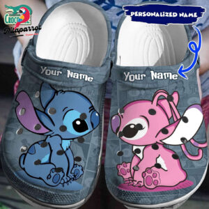 Custom Name Love Eyes Stitch And Angle  Gray Witch Comic Pattern Clogs For Kids & Adults
