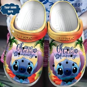 Custom Name Ohana Mean Family Stitch Colorful Beach Clogs For Kids And Adults