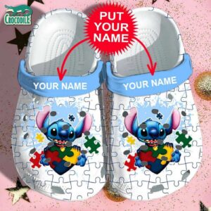 Custom Name Puzzle Pieces Of Heart Stitch White Clogs For Kids & Adults