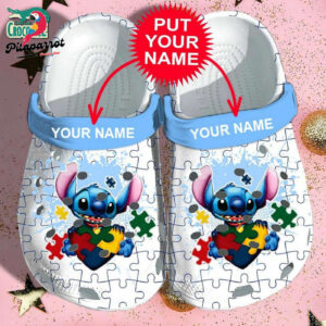 Custom Name Puzzle Pieces Of Heart Stitch White Clogs For Kids & Adults