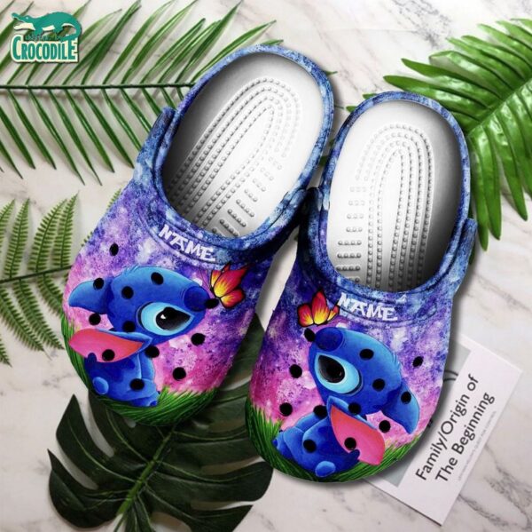 Custom Name Stitch And Little Butterfly Galaxy Clogs For Kids & Adults