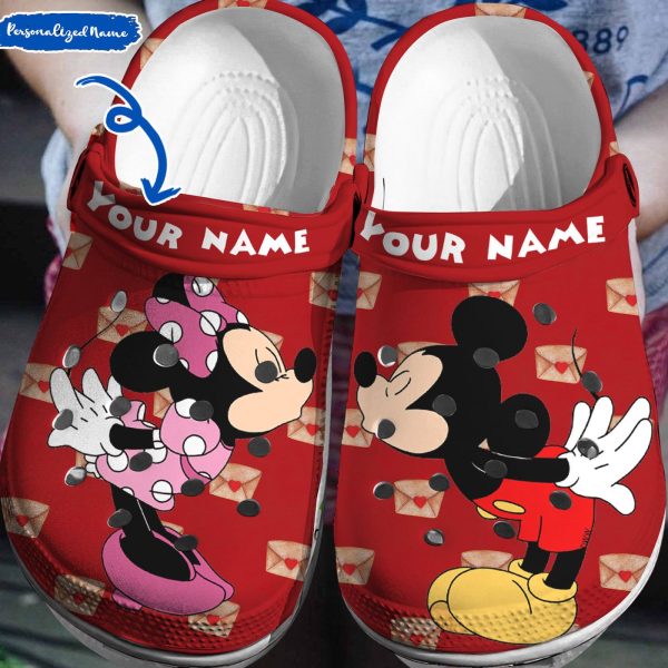 Custom Name Sweet Kiss And Love Letters Mickey And Minnie Mouse Red Clogs For Men Women