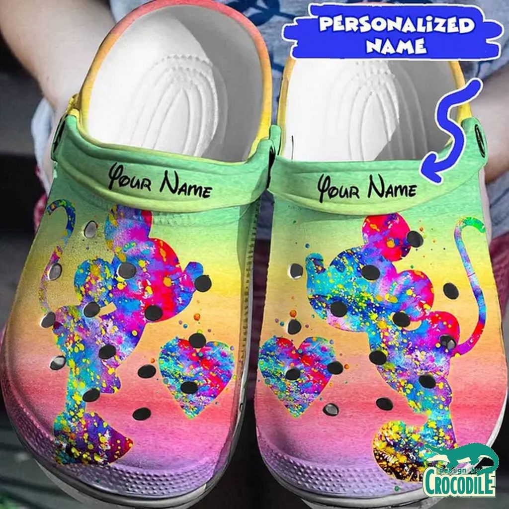 Custom Name Sweet Kiss Colorful Shadow Mickey And Minnie Clogs For Men Women