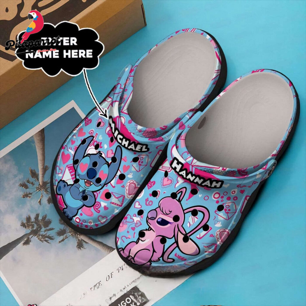 Custome Name Heart Eyes Stitch And Angel Blue Clogs For Kids & Adults Custome Name Heart Eyes Stitch And Angel Blue Clogs For Kids & Adults