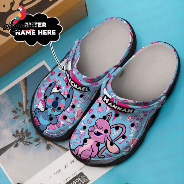 Custome Name Heart Eyes Stitch And Angel Blue Clogs For Kids & Adults