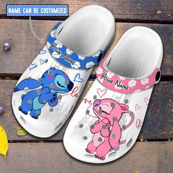 Custome Name Love Line Stitch And Angle White Clogs For Kids & Adults