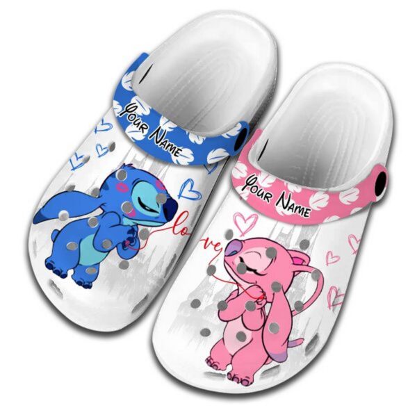 Custome Name Love Line Stitch And Angle White Clogs For Kids & Adults