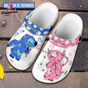 Custome Name Love Line Stitch And Angle White Clogs For Kids & Adults