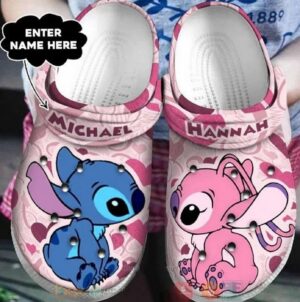 Custome Name Stitch And Angel With Hearts Pink Clogs For Kids & Adults