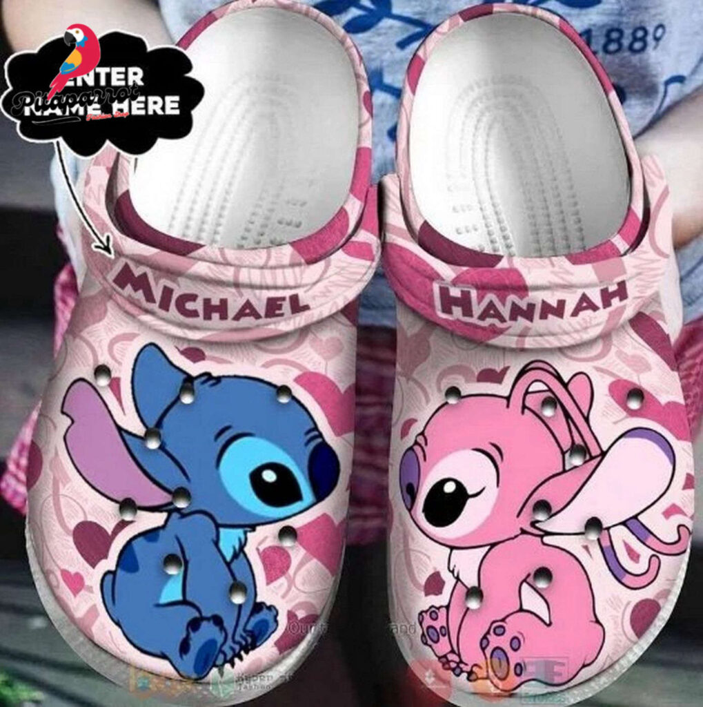 Custome Name Stitch And Angel With Hearts Pink Clogs For Kids & Adults Custome Name Stitch And Angel With Hearts Pink Clogs For Kids & Adults