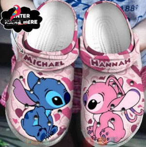 Custome Name Stitch And Angel With Hearts Pink Clogs For Kids & Adults