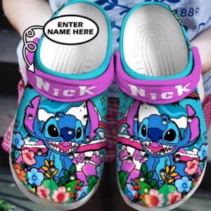 Custome Name Stitch With Flower Puple Clogs For Kids & Adults