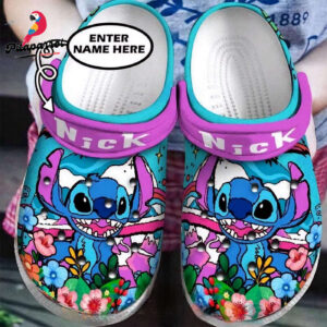 Custome Name Stitch With Flower Puple Clogs For Kids & Adults