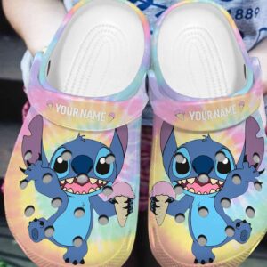 Customized Funny Stitch Loves Cream With Colorful Tie Dye Pattern Clogs 3