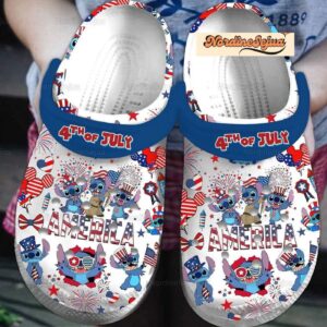 Cute Stitch America 4th Of July White Clogs For Kids And Adults
