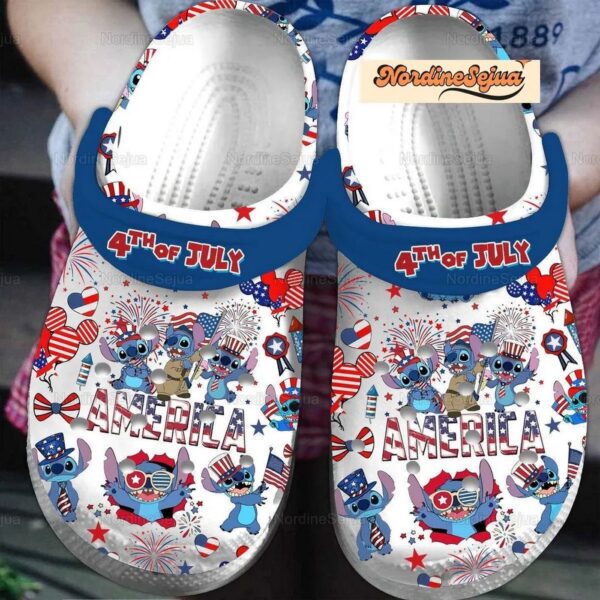 Cute Stitch America 4th Of July White Clogs For Kids And Adults