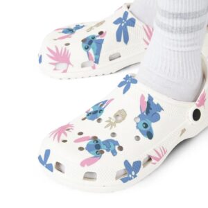 Happy Stitch White With Flower And Leaves Clogs For Kids & Adults