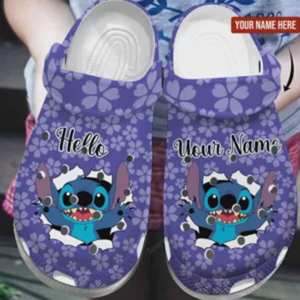 Hello Stitch Flower Purple Custom Name Clogs