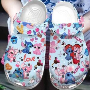 Love Couple Stitch And Angel Blue Clogs For Kids And Adults