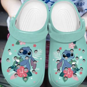 Special Design Disney Stitch And Cute Frog Floral Mint Color Clogs