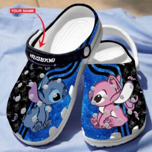 Special Sweet Couple Stitch & Angel Black Custom Name Clogs