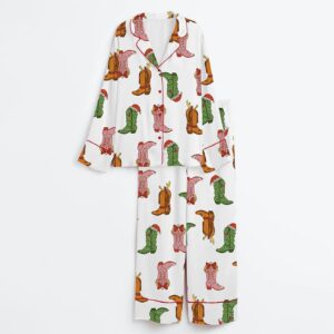 Western Grnch Cowboy Boots Christmas Satin Pajama Set Gift for Women 3