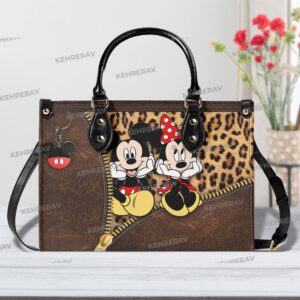 Leopard Mickey Minnie Custom Leather Handbag for Women - Handmade Minnie Lover s Purse