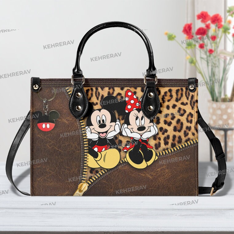 Leopard Mickey Minnie Custom Leather Handbag for Women – Handmade Minnie Lover s Purse Leopard Mickey Minnie Custom Leather Handbag for Women – Handmade Minnie Lover s Purse