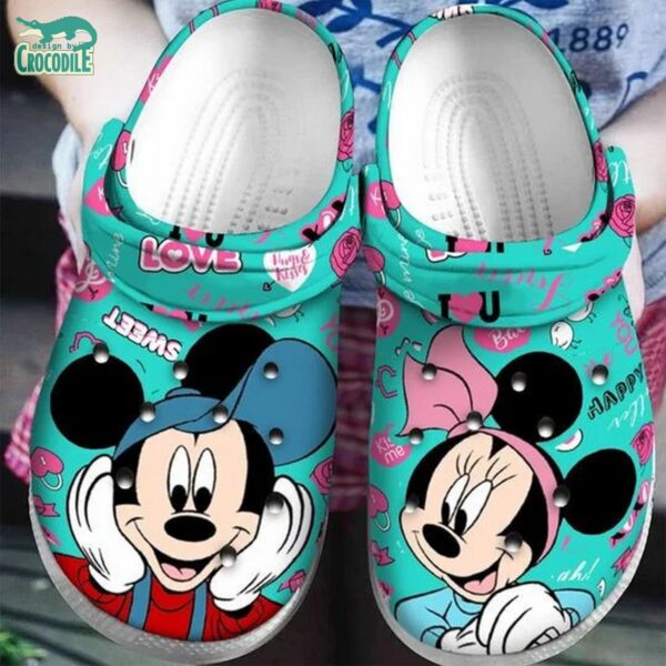 Sweet Happy Micke And Minnie Mouse Turquoise Clogs For Kids & Adults