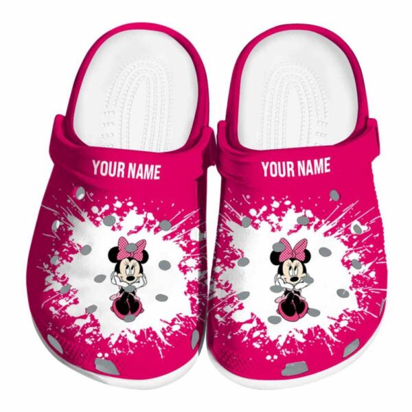 Custom Name Minnie Mouse Splatter Background Clogs For Kids And Adults