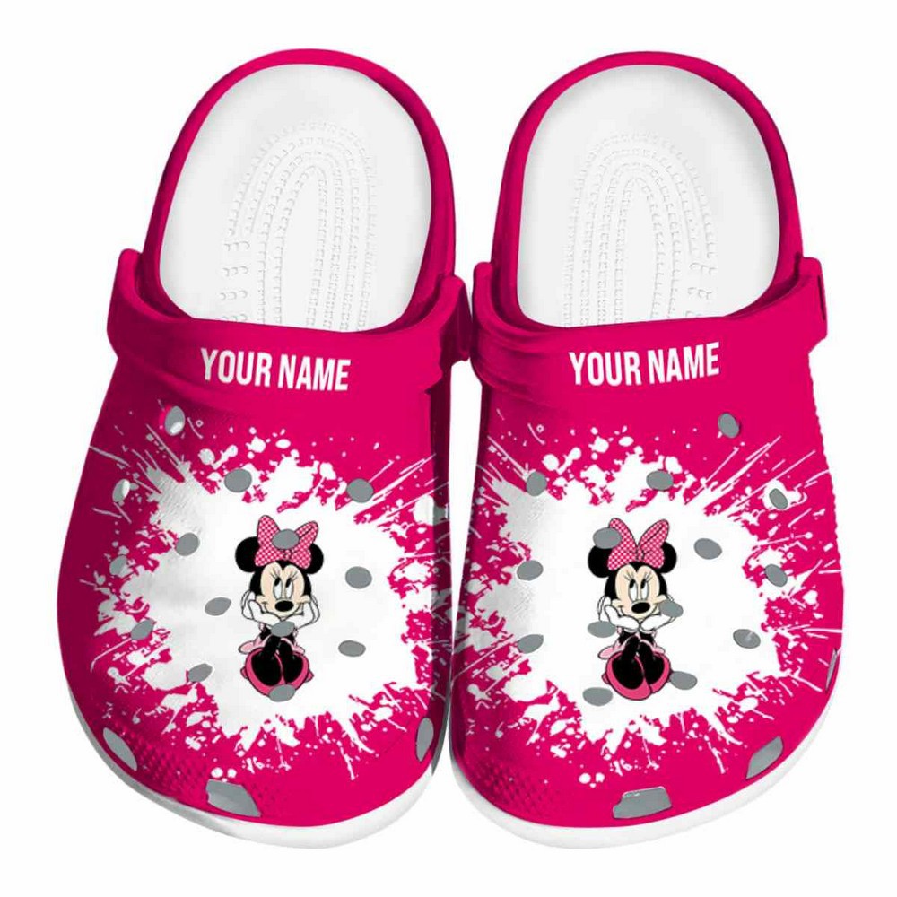 Custom Name Minnie Mouse Splatter Background Clogs For Kids And Adults Custom Name Minnie Mouse Splatter Background Clogs For Kids And Adults
