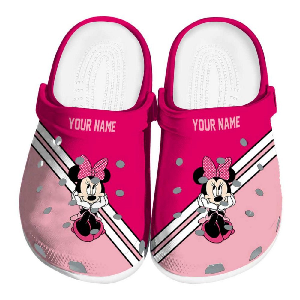 Custom Name Minnie Mouse Stripes Accents Clogs For Kids And Adults Custom Name Minnie Mouse Stripes Accents Clogs For Kids And Adults