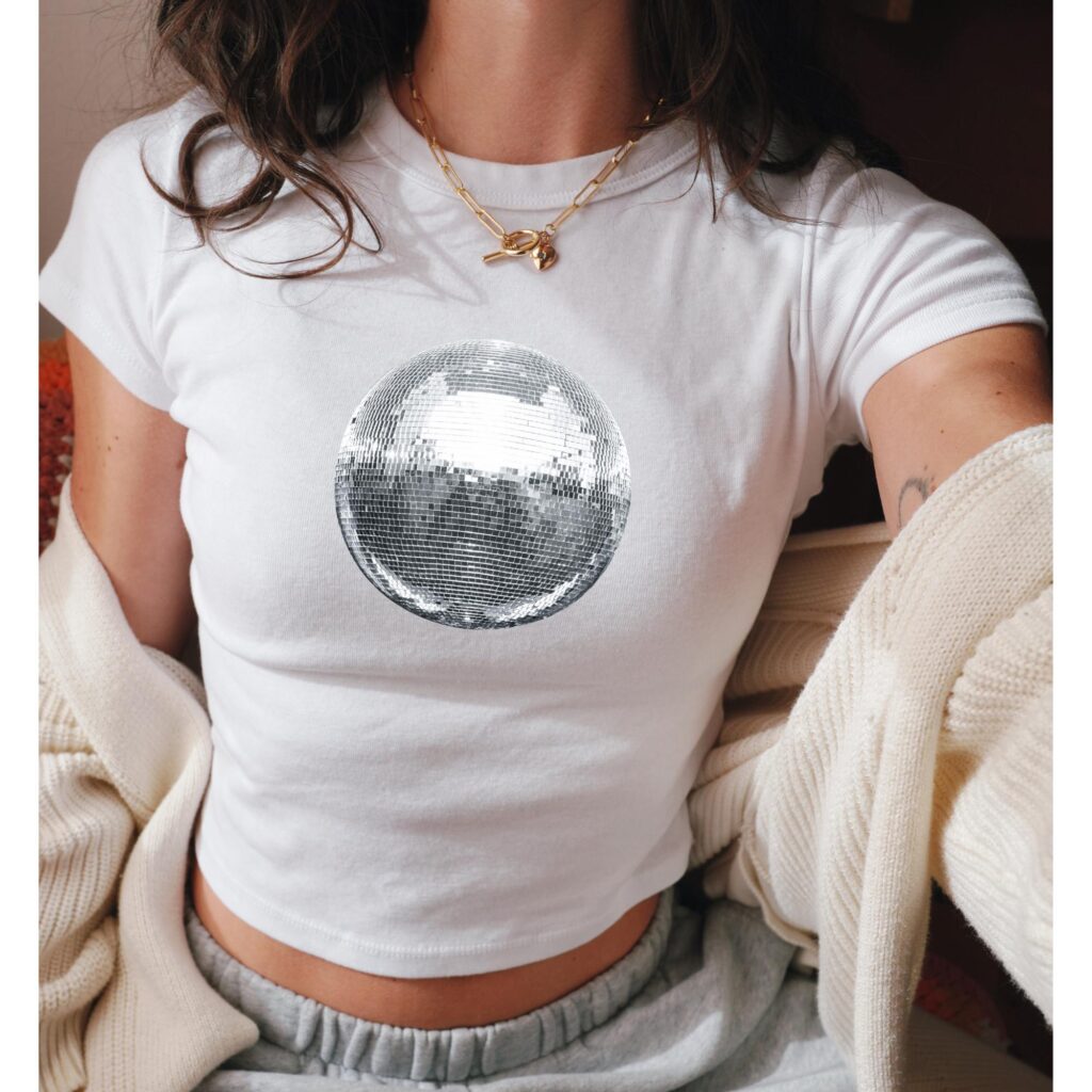 Mirrorball Baby Tee: Y2K Graphic Tee for Trendy Women – Aesthetic Unique Graphic T-Shirt