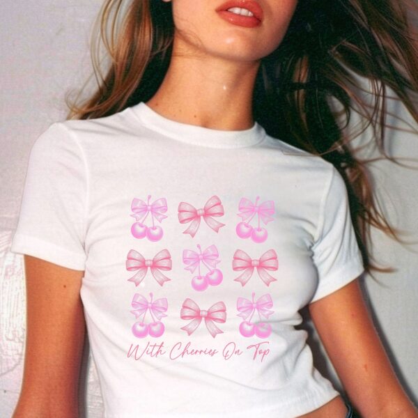 90s Aesthetic Coquette Baby Tee with Cherries Graphic Y2K Crop Top for Girls