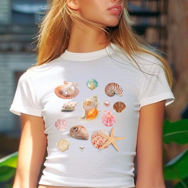 Sea Shell Vintage Collage Women s Baby Tee: Cute Y2K 90s Crop Top Coastal Grandma Aesthetic Shirt
