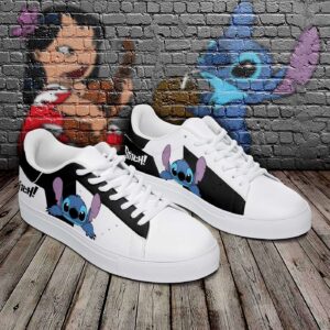 Black White Stitch Disney Lilo & Stitch Low Top Leather Skate Shoes